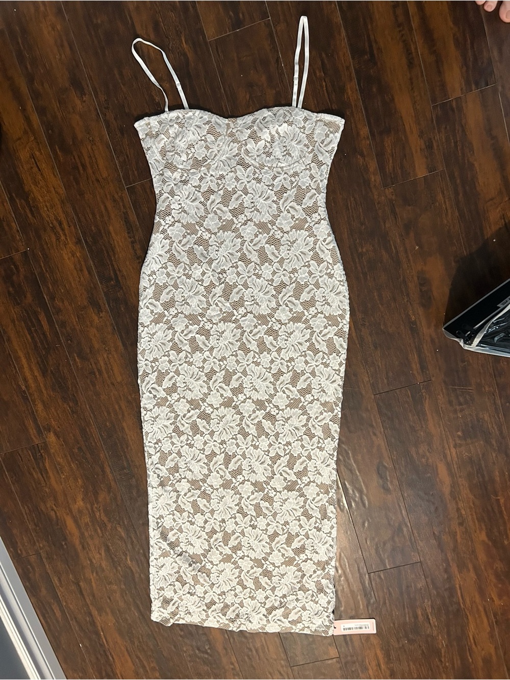 Lace Bodycon Maxi Dress with Spaghetti Straps - White/Cream